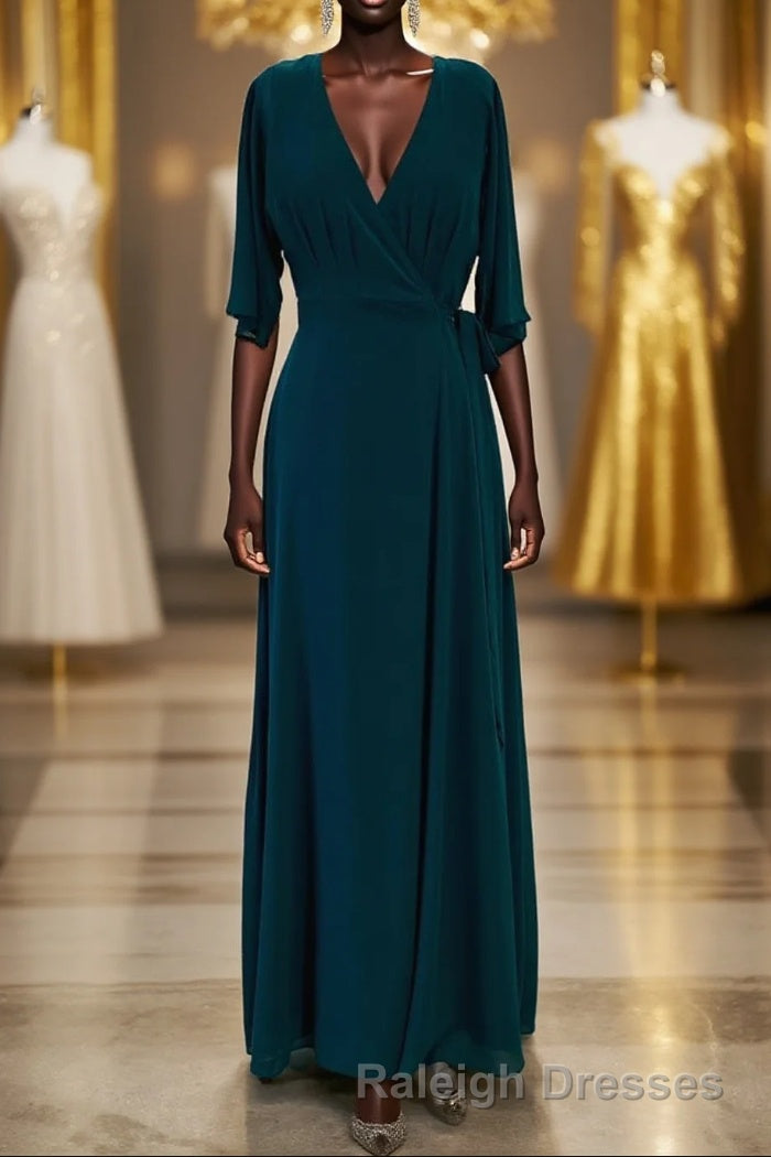 Wrap V Neck Sleeves Chiffon Long Bridesmaid Dress with Sash Main image