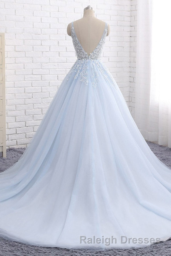 Ball Gown Chapel Train V Neck Sleeveless Backless Appliques Prom Dresses Secondary image