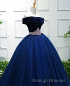 Dark Blue Tulle Off Shoulder Long Prom Dress, Blue Sweet 16 Dress