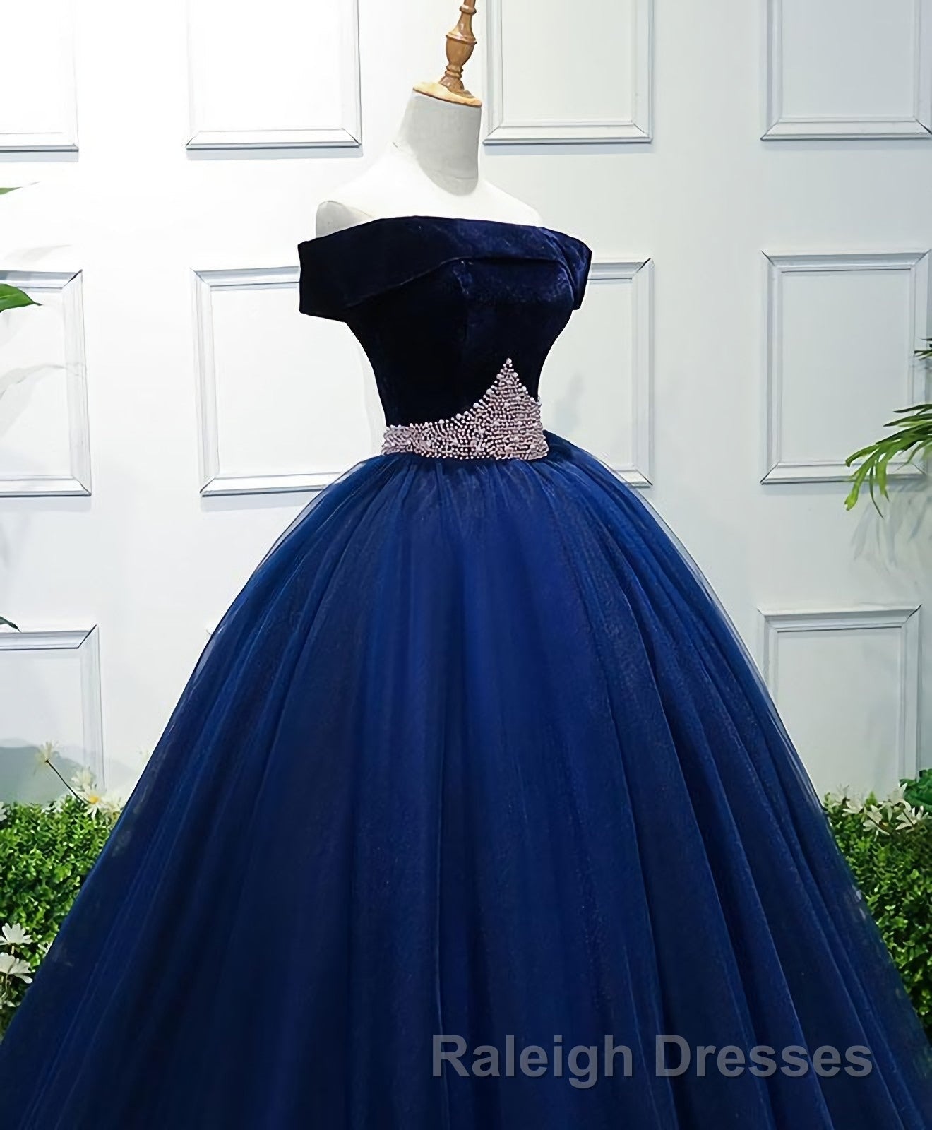 Dark Blue Tulle Off Shoulder Long Prom Dress, Blue Sweet 16 Dress