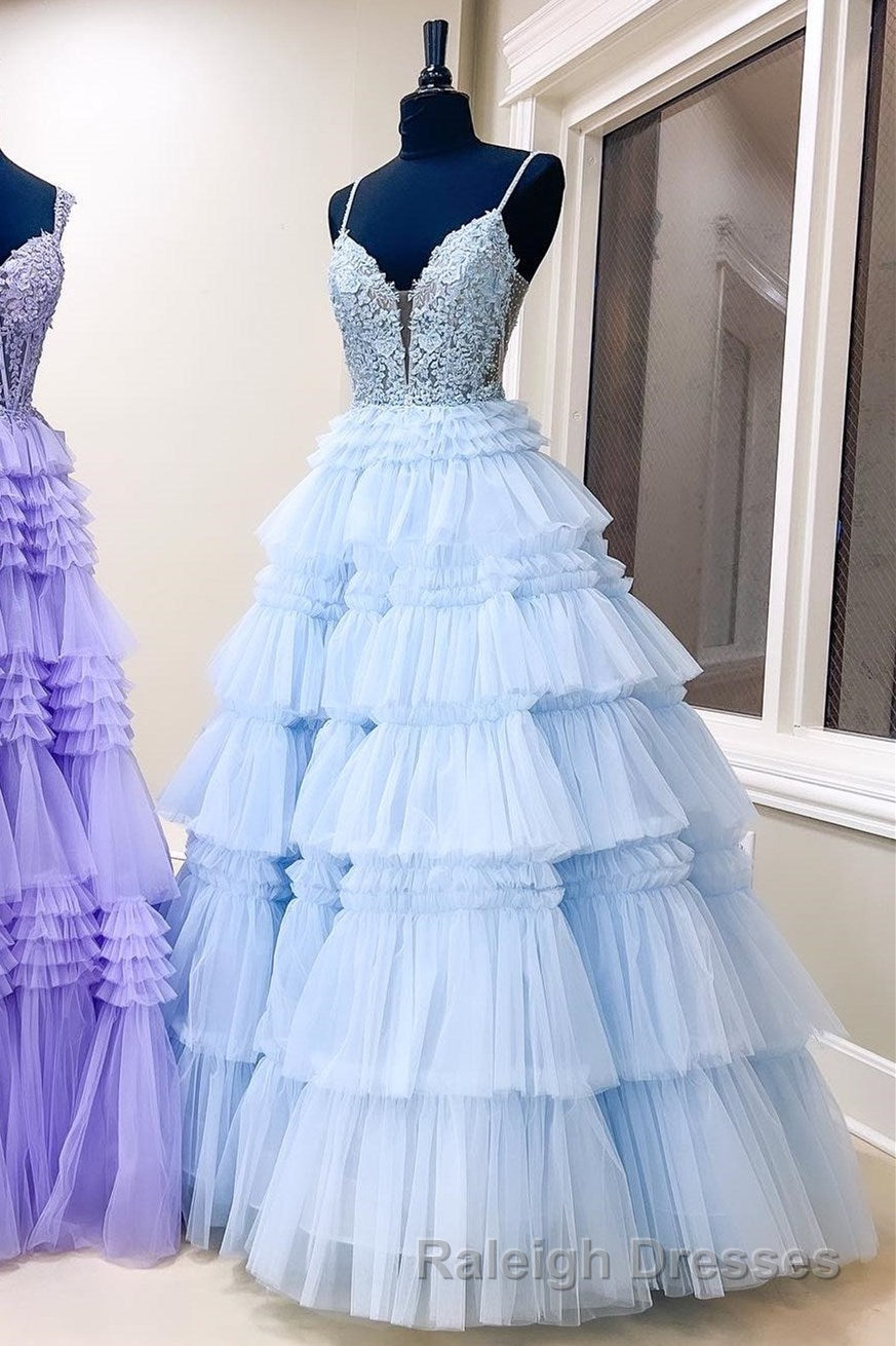 Plunging V-Neck Straps Appliques Layered Prom Dress