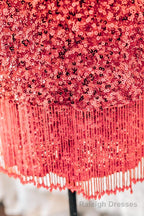 Red Lace-Up Sequins Sheath V Neck Homecoming Dress with Tassels