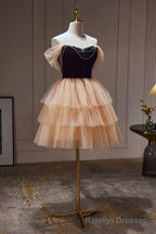 Chic Champagne Off The Shoulder Beading Tulle Short Homecoming Dresses
