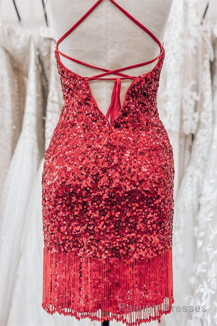 Red Lace-Up Sequins Sheath V Neck Homecoming Dress with Tassels