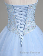 Light Blue Ball Gown Floor Length Sweetheart Strapless Sleevless Beading Prom Dresses
