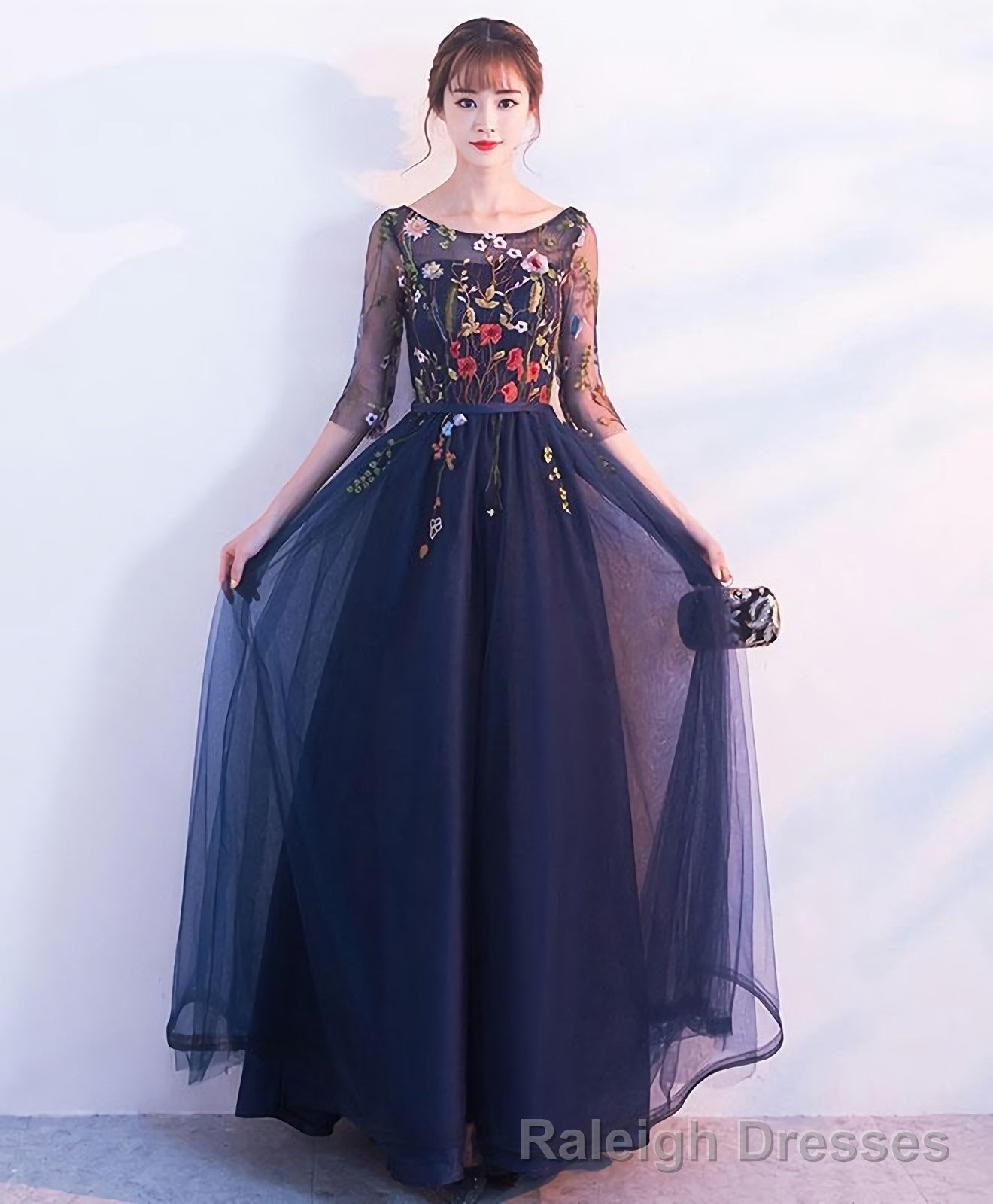 Dark Blue Tulle Lace Long Prom Dress Blue Prom Dress