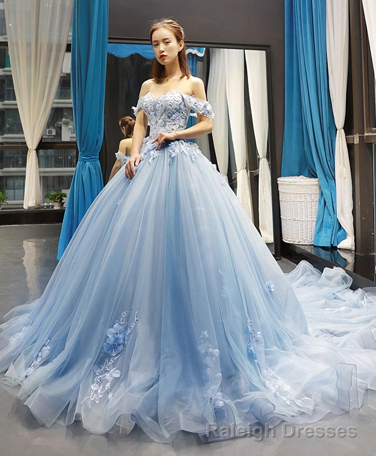 Blue Off Shoulder Tulle Lace Long Prom Gown Blue Evening Dress Secondary image