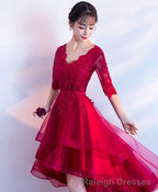 Burgundy V Neck Tulle Lace Short Prom Dress Bridesmaid Dress