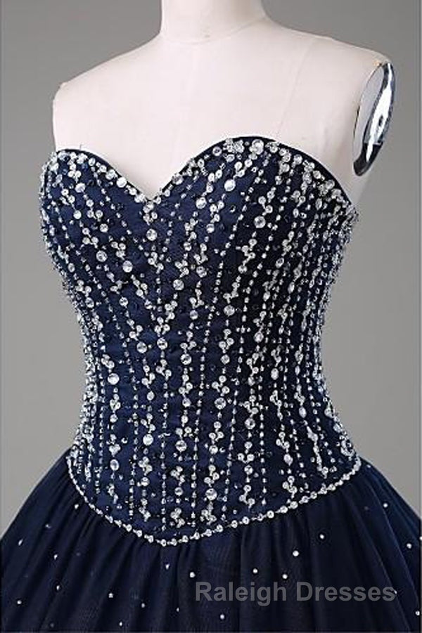 Navy Blue Ball Gown Floor Length Sweetheart Sleeveless Mid Back Prom Dresses