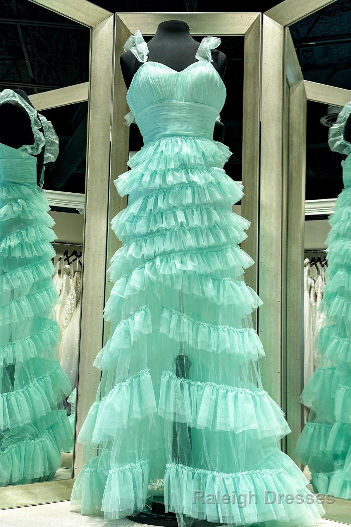 Mint Green Ruffle Straps A Line Multi-Layers Long Prom Dress