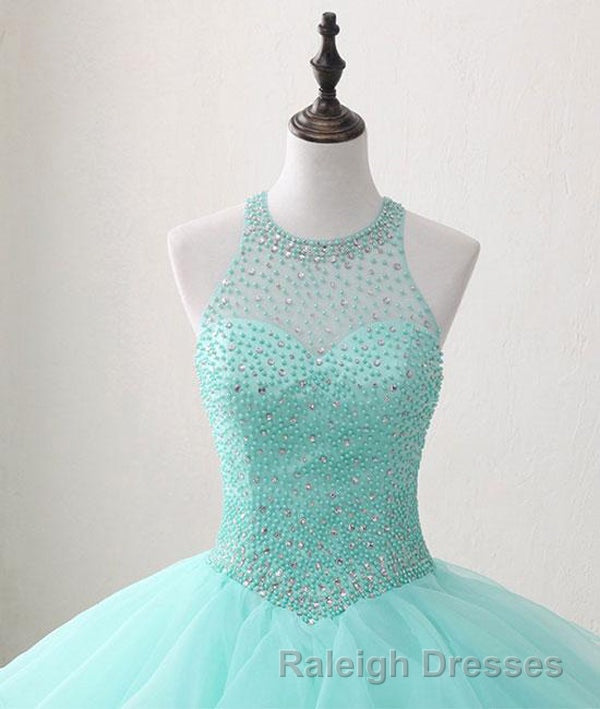 Mint Ball Gown Floor Length Halter Keyhole Back Beading Ruffles Prom Dresses