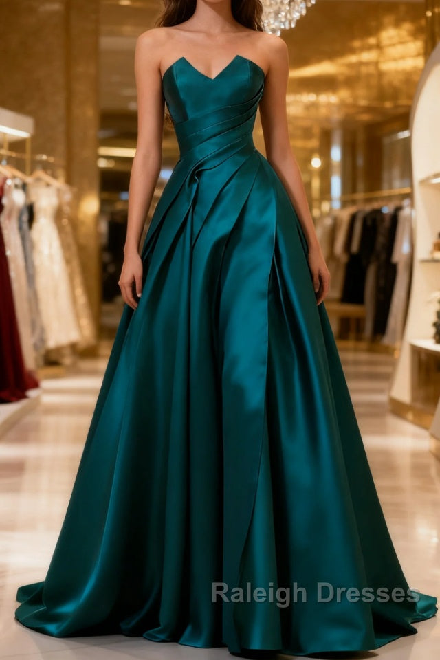 Simple Blue Satin Strapless Prom Dress Main image