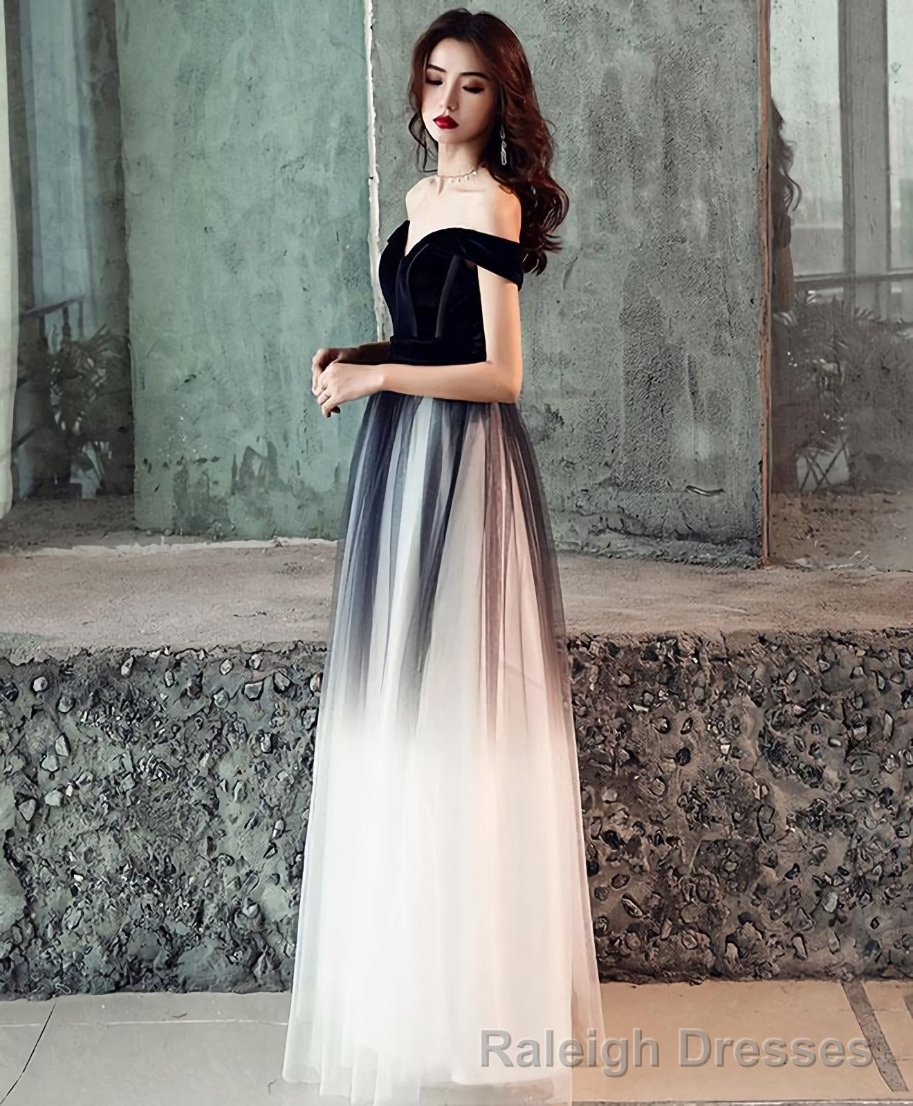 Simple Tulle Off Shoulder Black Long Prom Dress Black Tulle Evening Dress