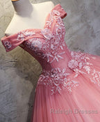 Pink Tulle Lace Off Shoulder Long Prom Dresses Pink Tulle Prom Dresses 1