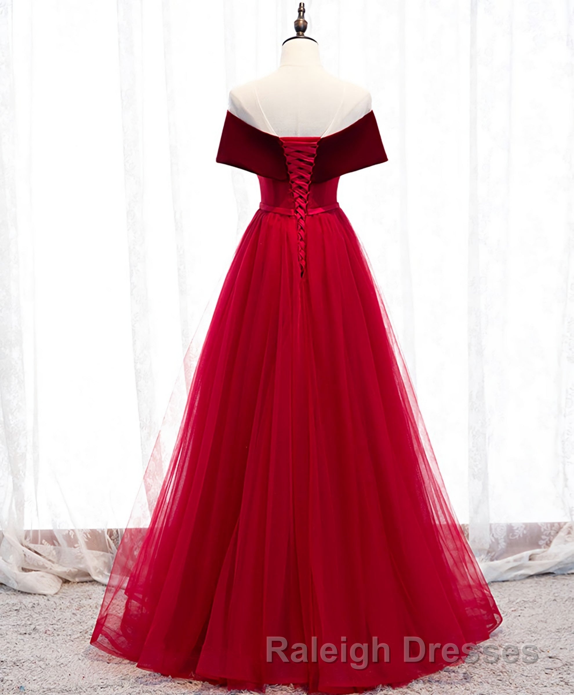 Burgundy Tulle Off Shoulder Long Prom Dress, Burgundy Formal Dress Secondary image