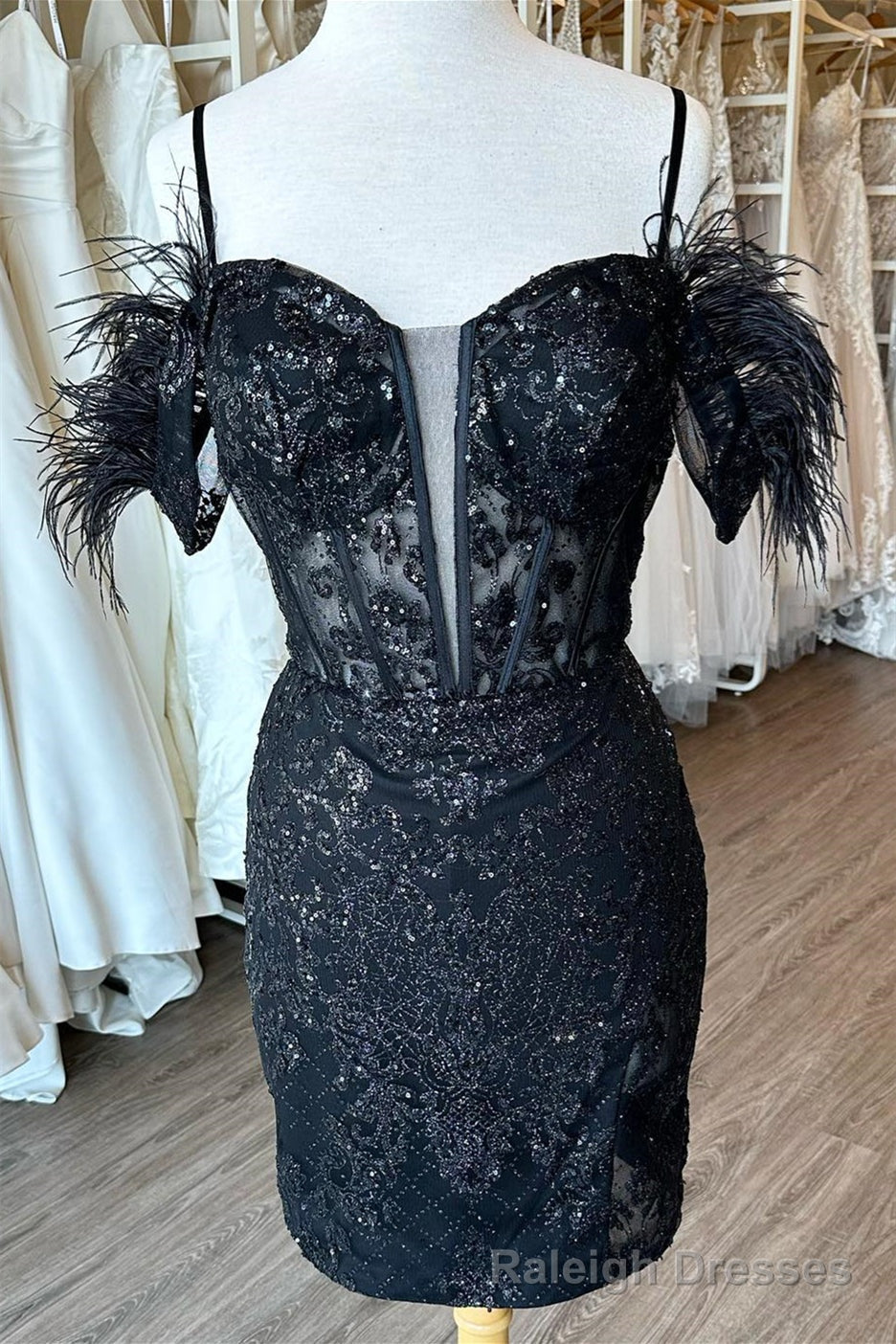 Black Off-the-Shoulder Sequined Embroidery Sheath Homecoming Dress with Feathers Main image