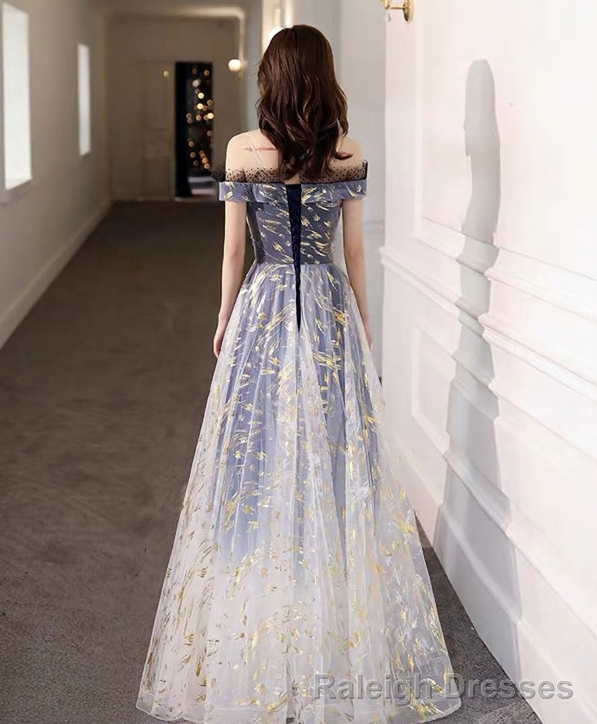 Blue Tulle Off Shoulder Lace Long Prom Dress Tulle Formal Dress