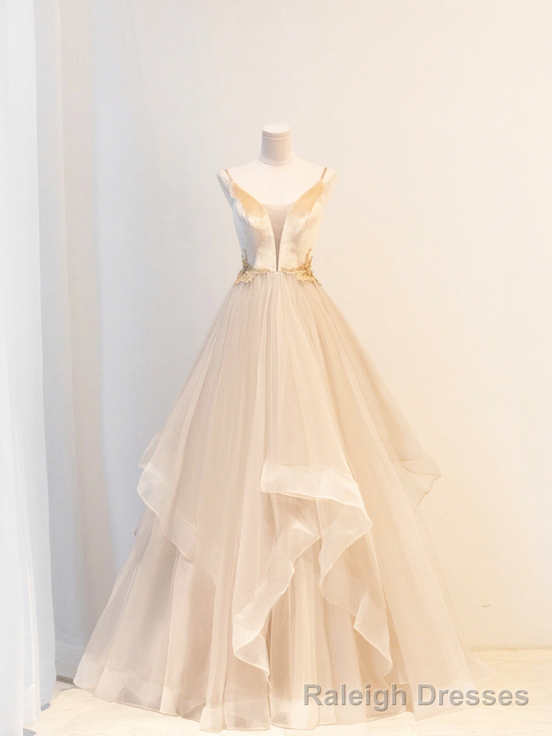Champagne Velvet and Tulle Long Prom Dress, V-Neck Spaghetti Strap Evening Dress Main image