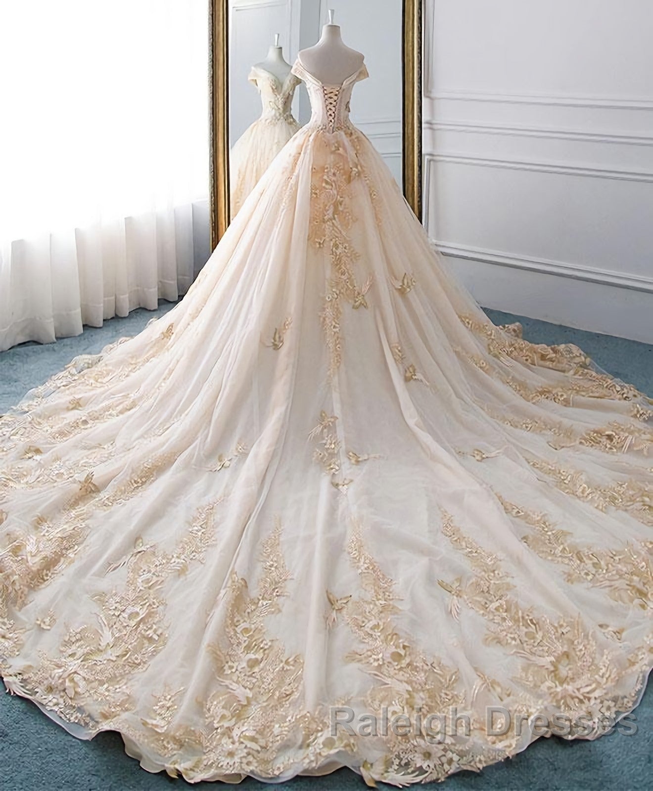 Unique Champagne Tulle Lace Long Wedding Dress, Bridal Gown Secondary image