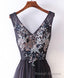 Black V Neck Lace Applique Tulle Long Prom Dress, Black Evening Dress
