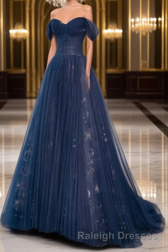 A-Line Off Shoulder Tulle Lace Dark Blue Long Prom Dress, Dark Blue Long Evening Dress