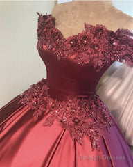 3D Flowers Off Shoulder Ball Gown Satin Dresses