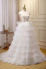 3D Flowers Spaghetti Straps Beading Ivory Tulle Wedding Dress