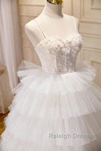 3D Flowers Spaghetti Straps Beading Ivory Tulle Wedding Dress