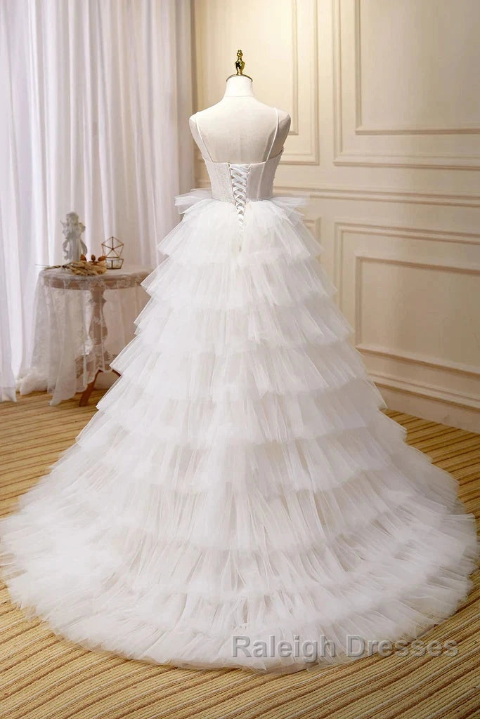3D Flowers Spaghetti Straps Beading Ivory Tulle Wedding Dress