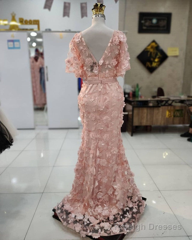 3D Lace Flowers Mermaid V Neck Puffy Sleeves Dress Secondary image