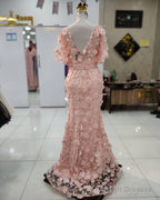 3D Lace Flowers Mermaid V Neck Puffy Sleeves Dress