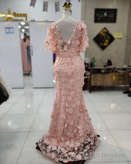 3D Lace Flowers Mermaid V Neck Puffy Sleeves Dresses