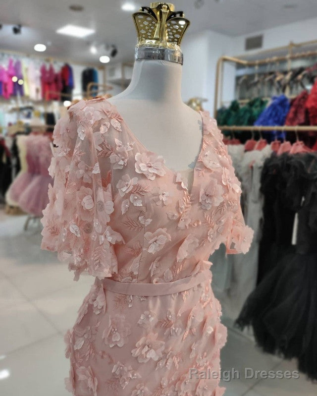 3D Lace Flowers Mermaid V Neck Puffy Sleeves Dress