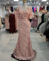 3D Lace Flowers Mermaid V Neck Puffy Sleeves Dresses