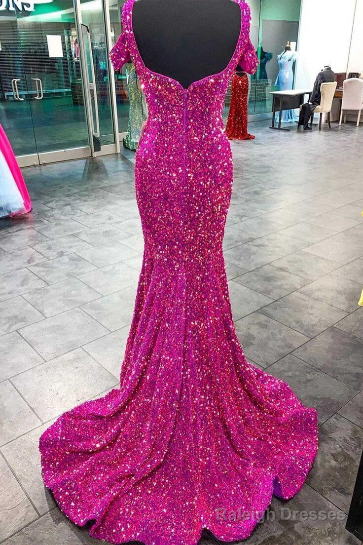 4 Fuchsia Sequin Formal Dresses Cold-Shoulder Mermaid Prom Dress Long