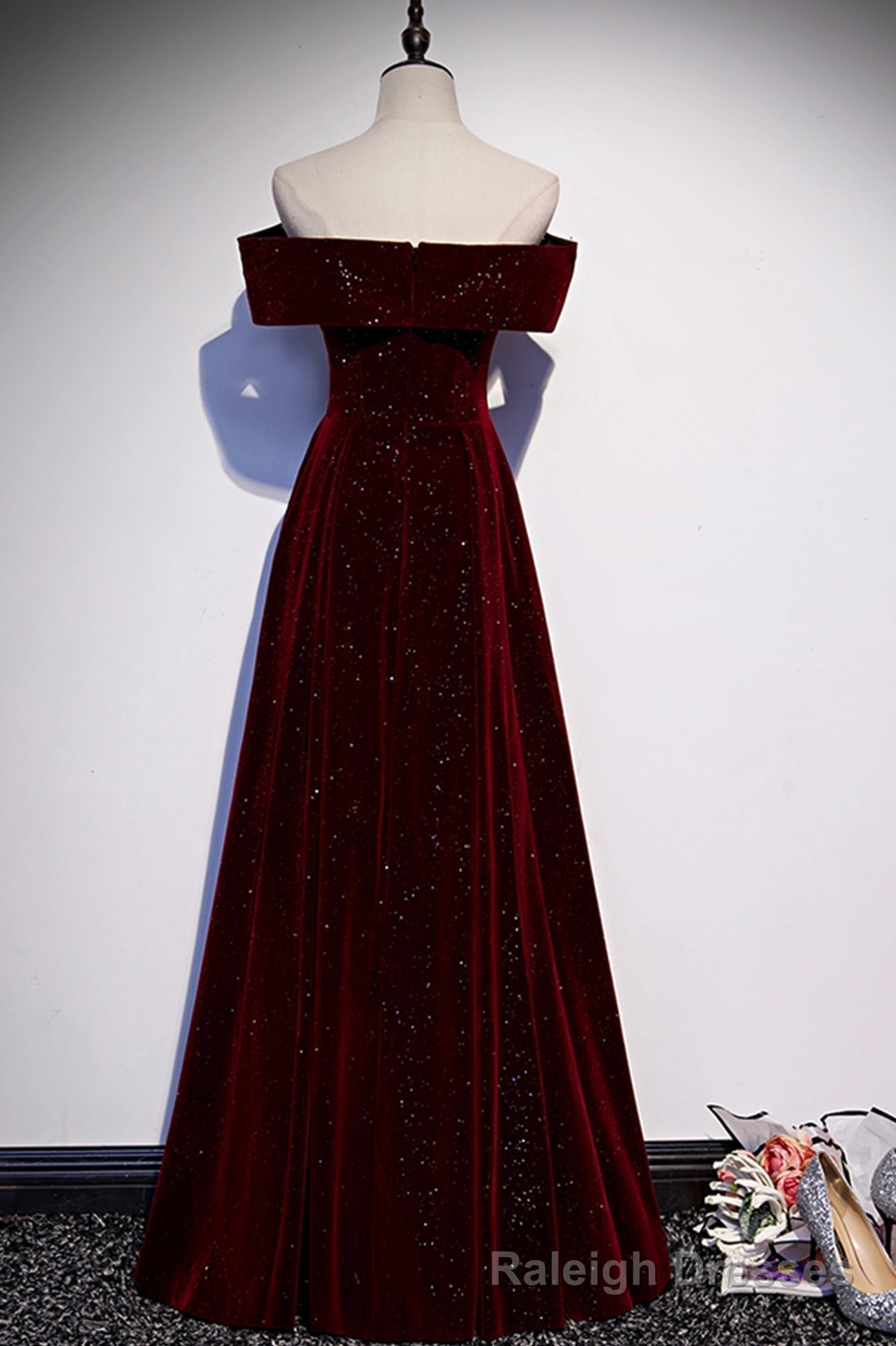 Burgundy Velvet Long Prom Dresses, Off the Shoulder Evening Dresses Main image