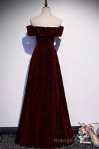 Burgundy Velvet Long Prom Dresses, Off the Shoulder Evening Dresses
