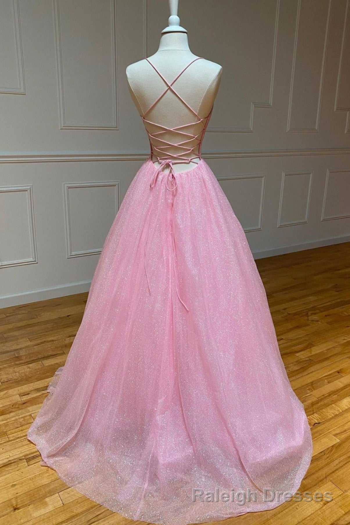 Pink V-Neck Tulle Long Prom Dresses, A-Line Backless Evening Dresses Secondary image