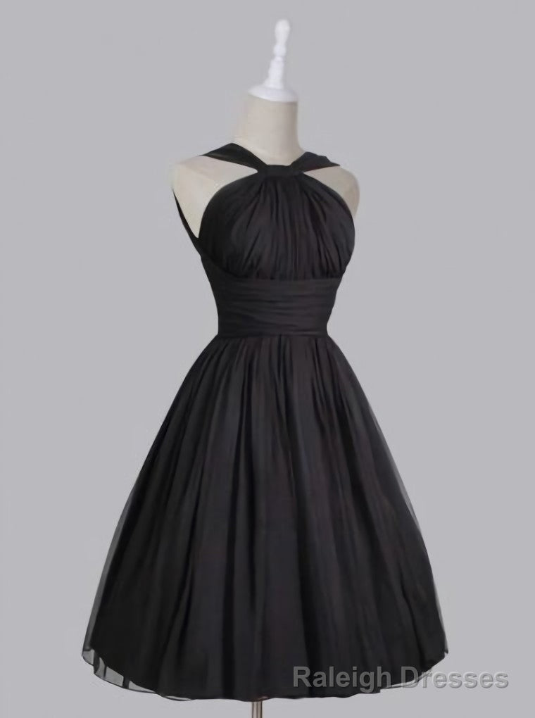 Vintage A Line Straps Knee Length Chiffon Sash Backless Black Party Homecoming Dresses
