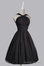 Vintage A Line Straps Knee Length Chiffon Sash Backless Black Prom Homecoming Dresses