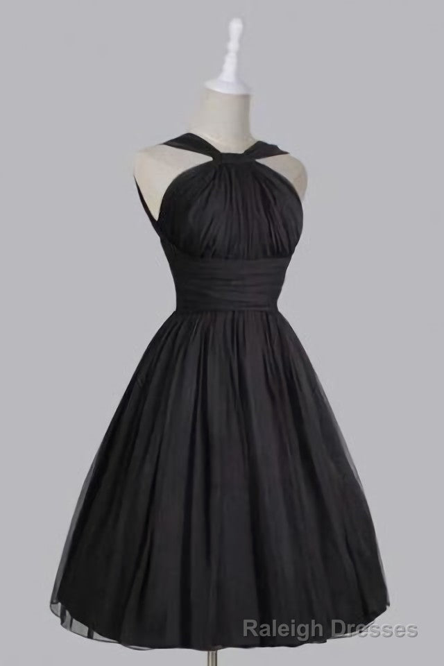 Vintage A Line Straps Knee Length Chiffon Sash Backless Black Prom Homecoming Dresses