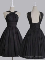Vintage A Line Straps Knee Length Chiffon Sash Backless Black Prom Homecoming Dresses