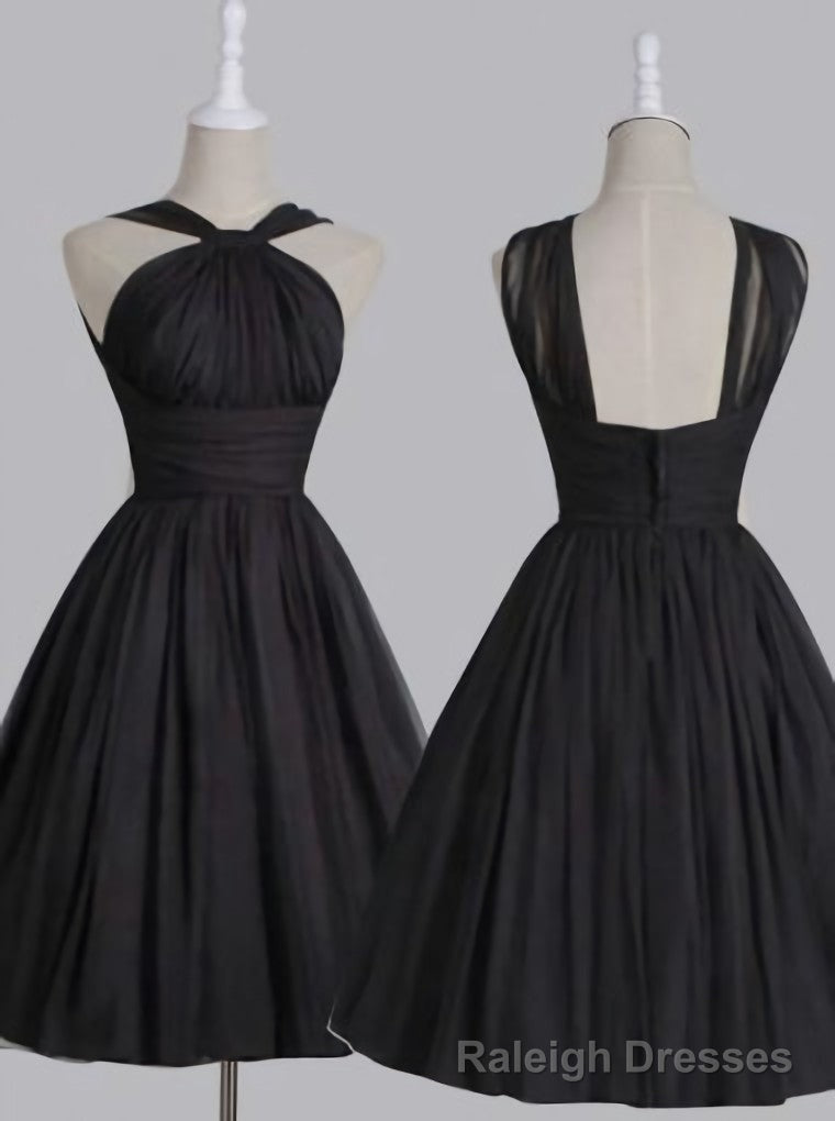 Vintage A Line Straps Knee Length Chiffon Sash Backless Black Prom Homecoming Dresses