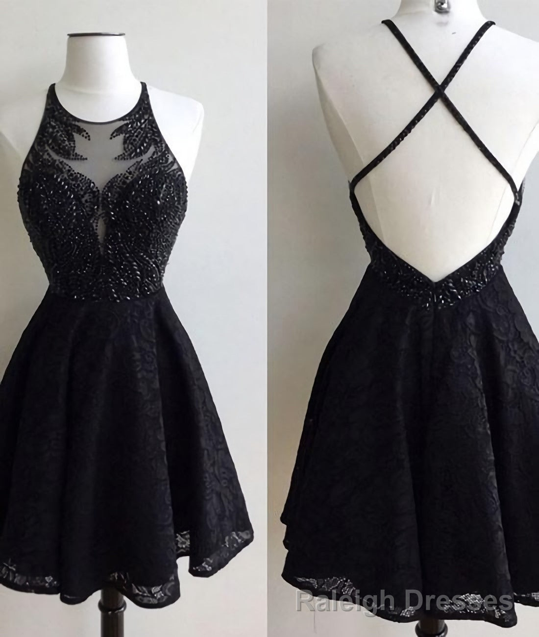 A Line Jewel Backless Short Black Lace 2026 with Beading Homecoming Dresses