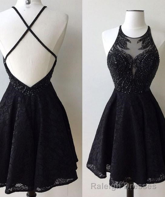 A-Line Jewel Backless Short Black Lace Homecoming Dress 2025 with Beading Main image