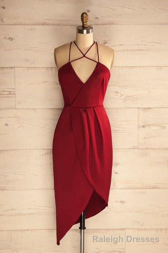 Sheath Halter Asymmetrical Dark Red Satin Homecoming Dress Main image