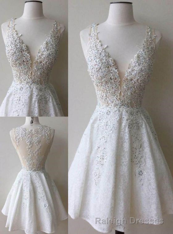 A Line Deep V Neck White Lace Short Homecoming Dress with Appliques Beading