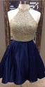 A Line Jewel Navy Blue Satin Short Homecoming Dress 2026 with Beading