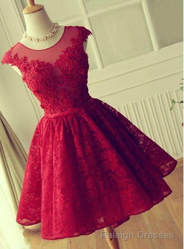 A-Line Jewel Cap Sleeves Red Lace Short Homecoming Dress 2025 with Beading Main image