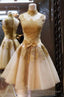 A Line High Neck Knee-Length Champagne Short Homecoming Dress 2026 with Appliques